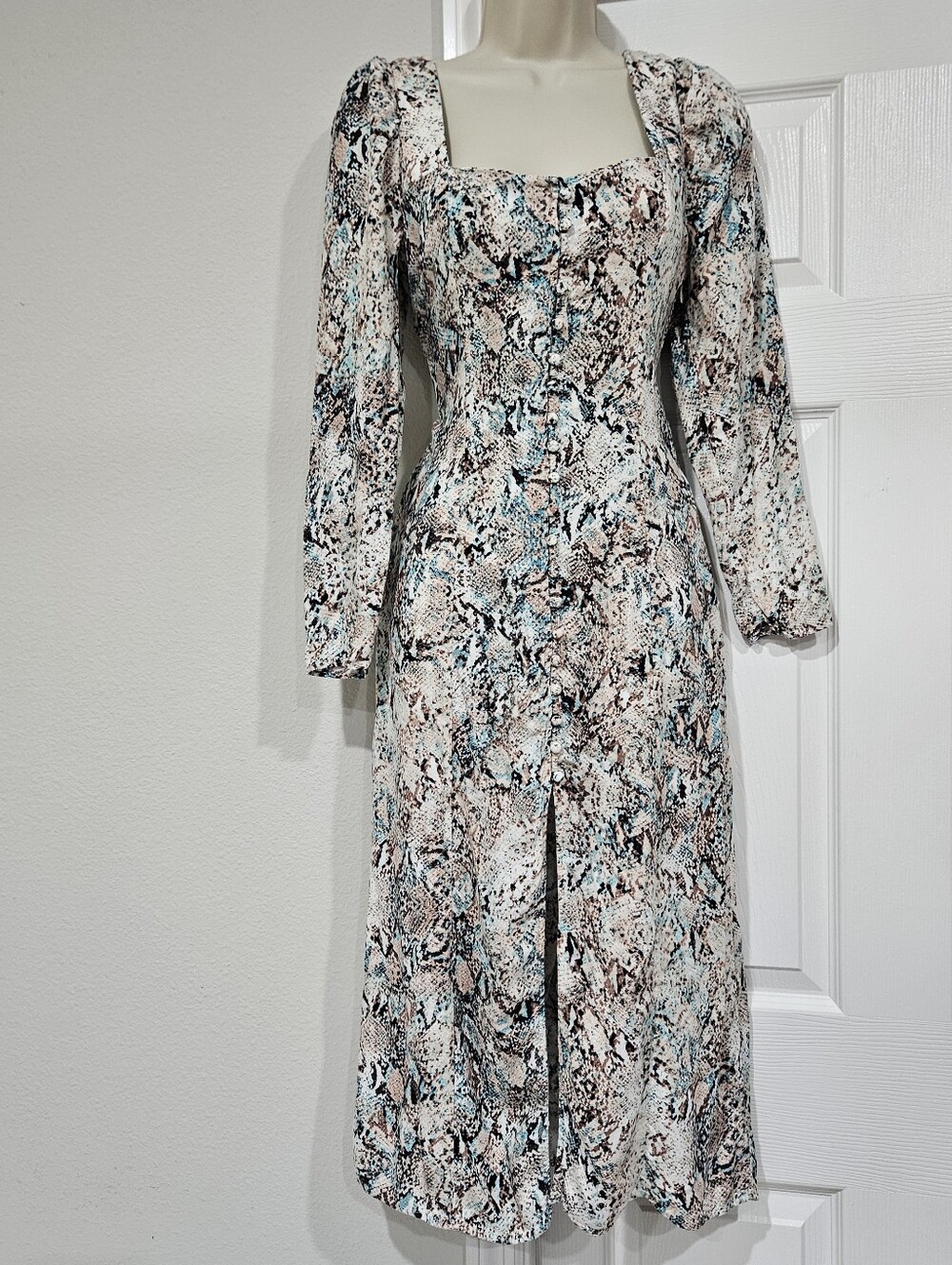Square Neck Long Sleeve Midi Dress in Neutral Snake Print